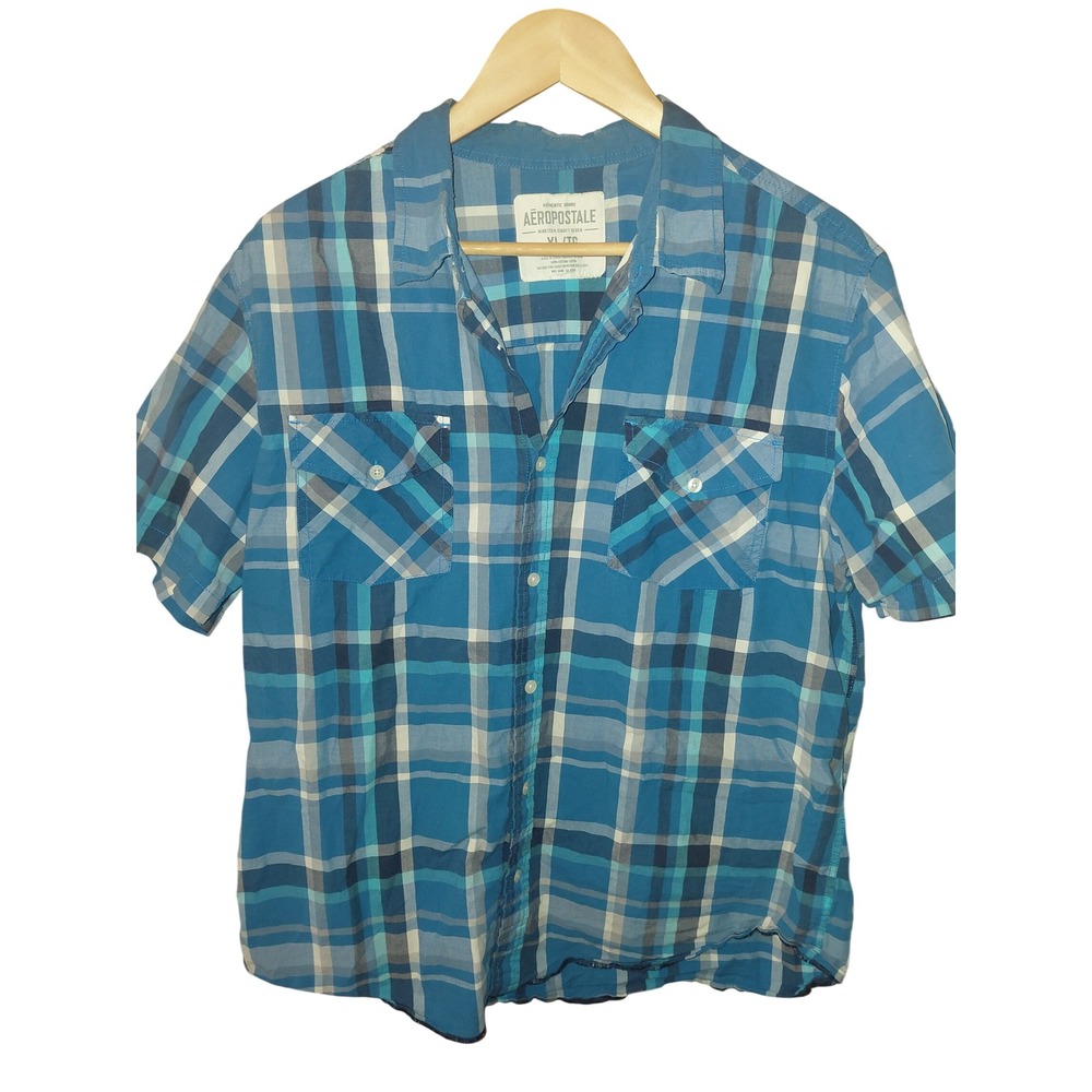 Aeropostale Mens XL Blue Plaid Short Sleeve Button Down Cotton Shirt Pocket